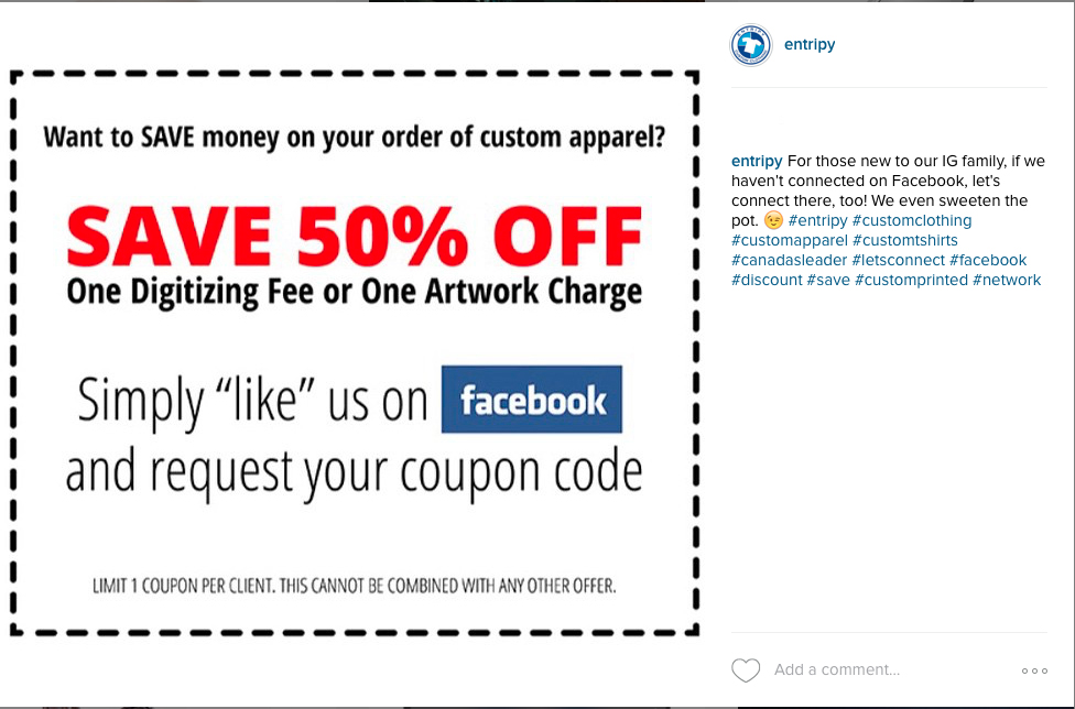 Promotional coupons advertised on social media for customers to use to promote customized promo products.